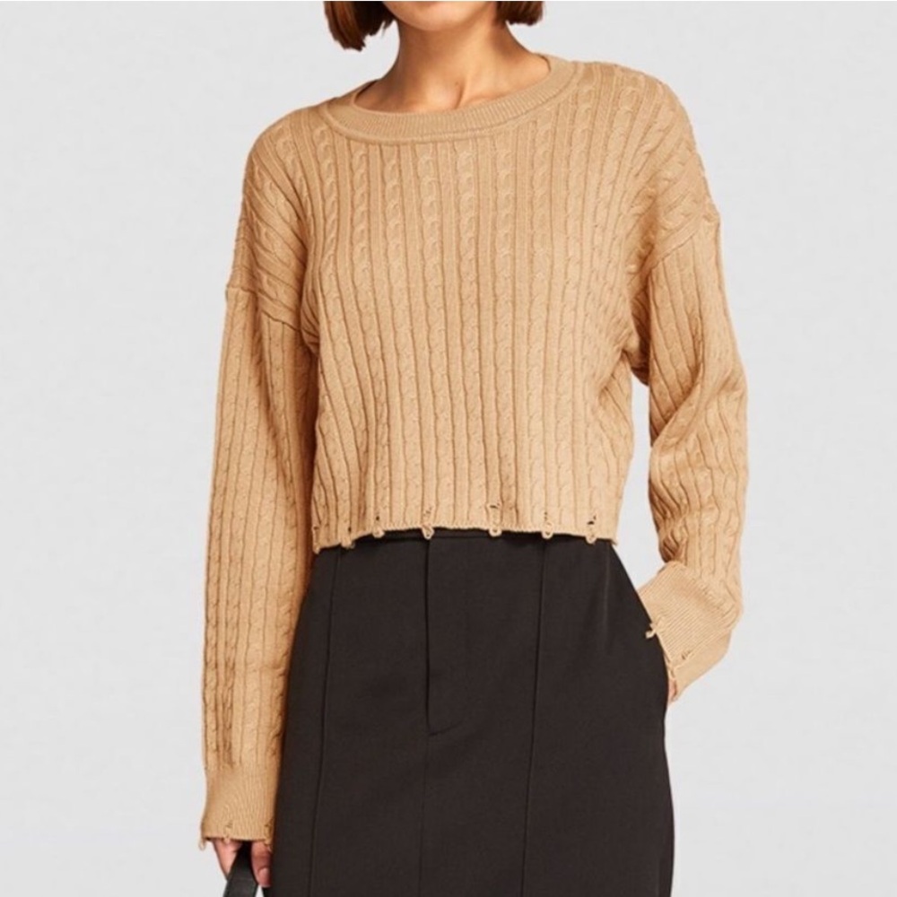 Sandro Camel Cable-Knit Cropped Crewneck Sweater